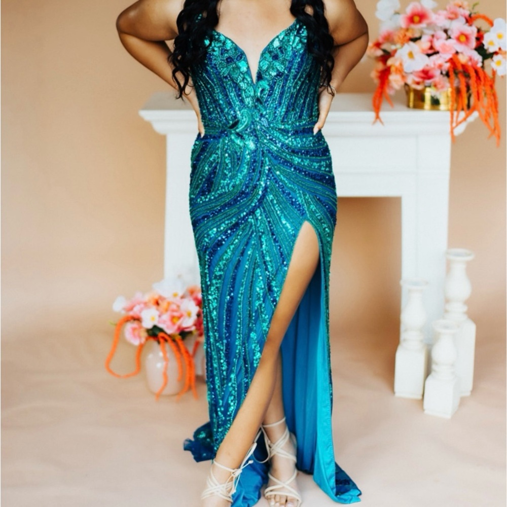 Ashley Lauren 11236 V Neck Slit Beaded Sequin Prom Dress Pageant Gown